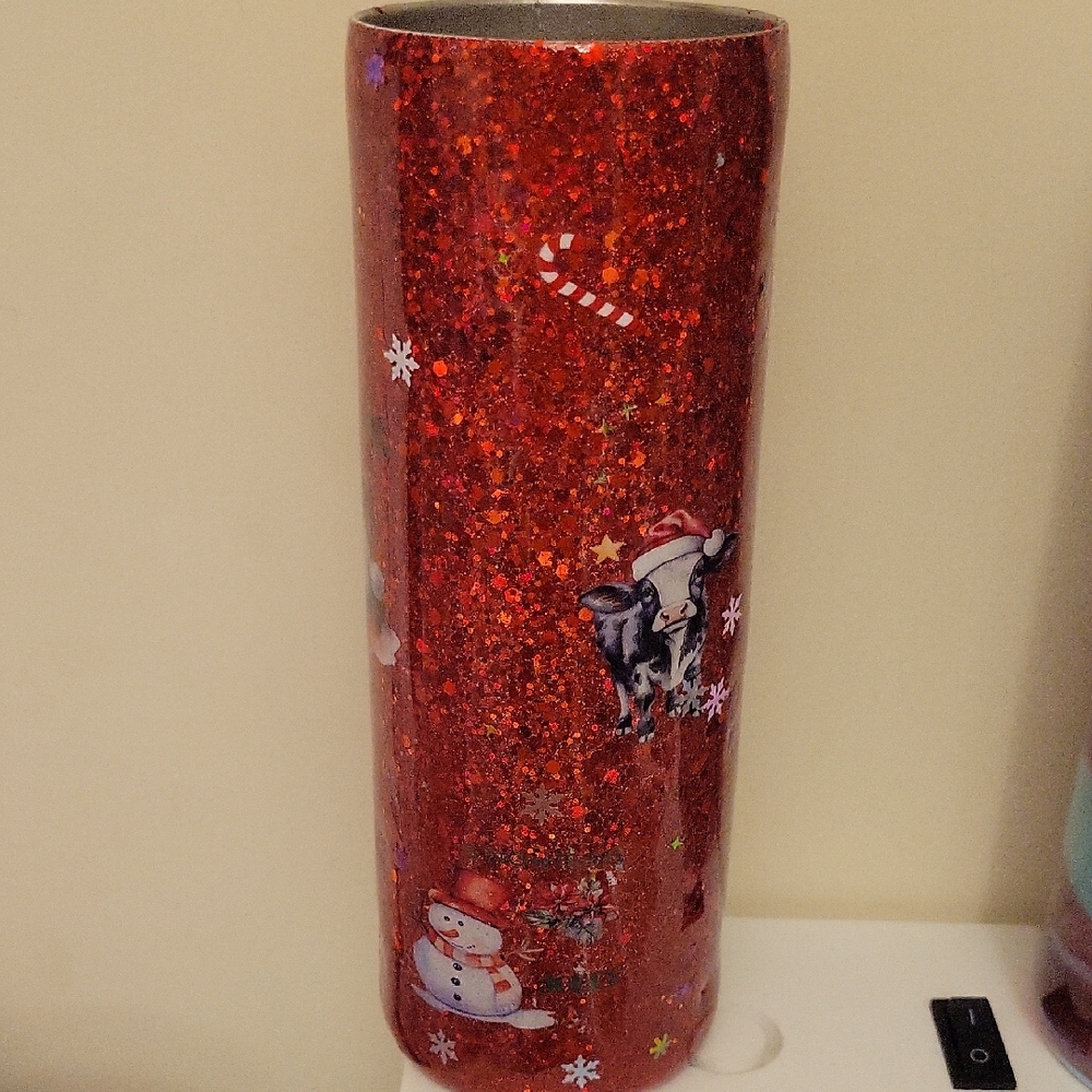 Festive Red Glitter Tumbler with Snowman Design